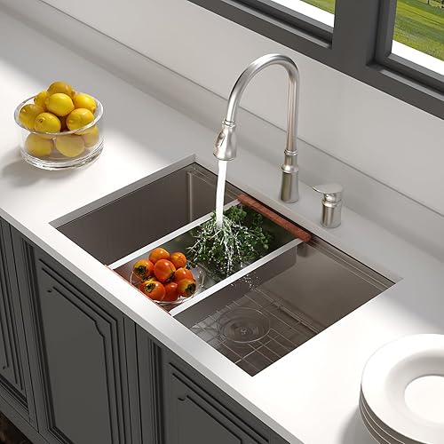 Miniatura 130 de Lordear Fregadero de cocina de montaje inferior de 23 pulgadas, estación de trabajo, fregadero de cocina de acero inoxidable calibre 16, cuenco