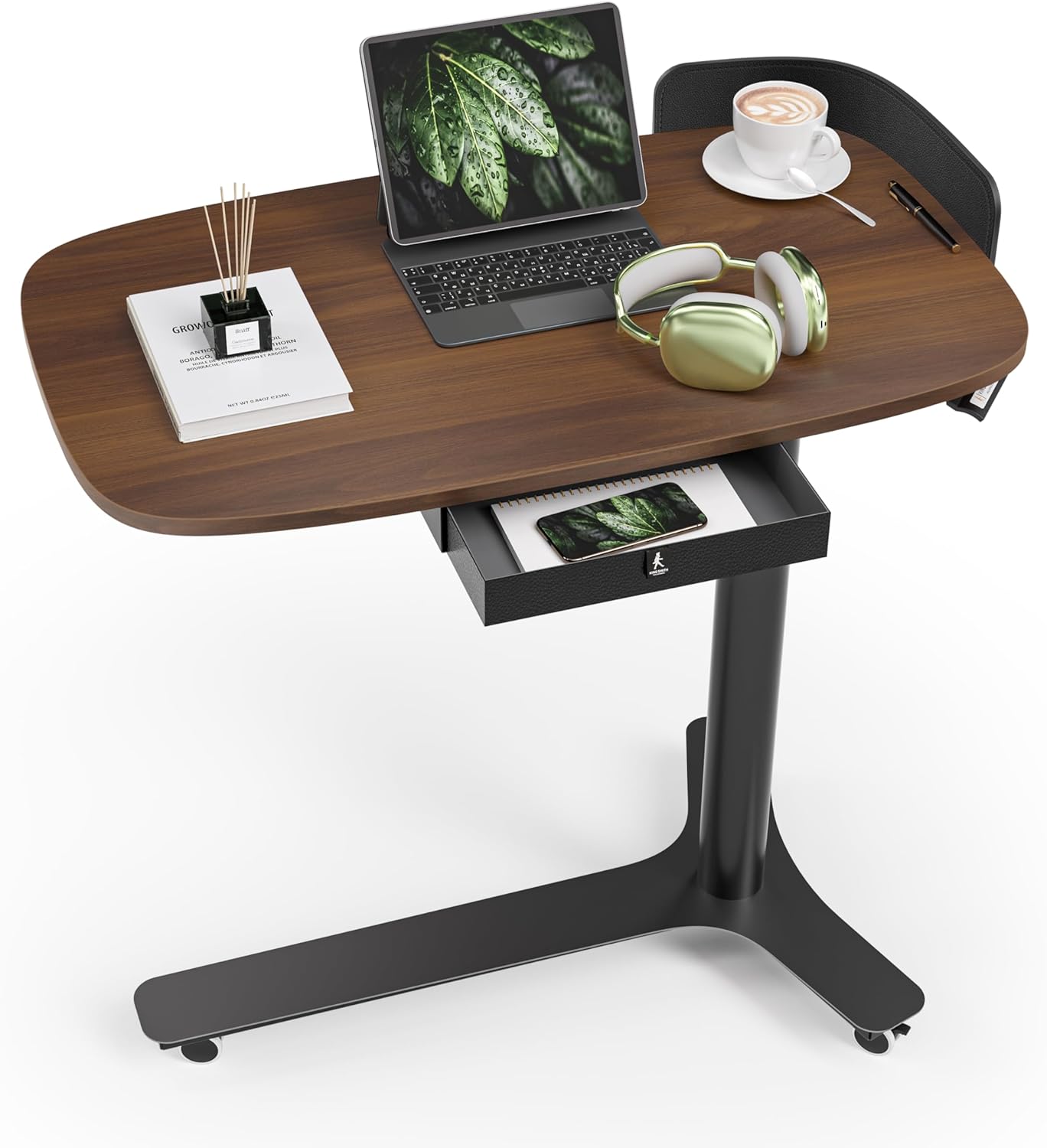 KINGSMITH Height Adjustable Mobile Standing Desk with 360° Swivel Casters, 28"-43" Pneumatic Rolling Desk with Storage Drawer, Perfect for Home Office, Bedroom, Living Room, Dark Walnut