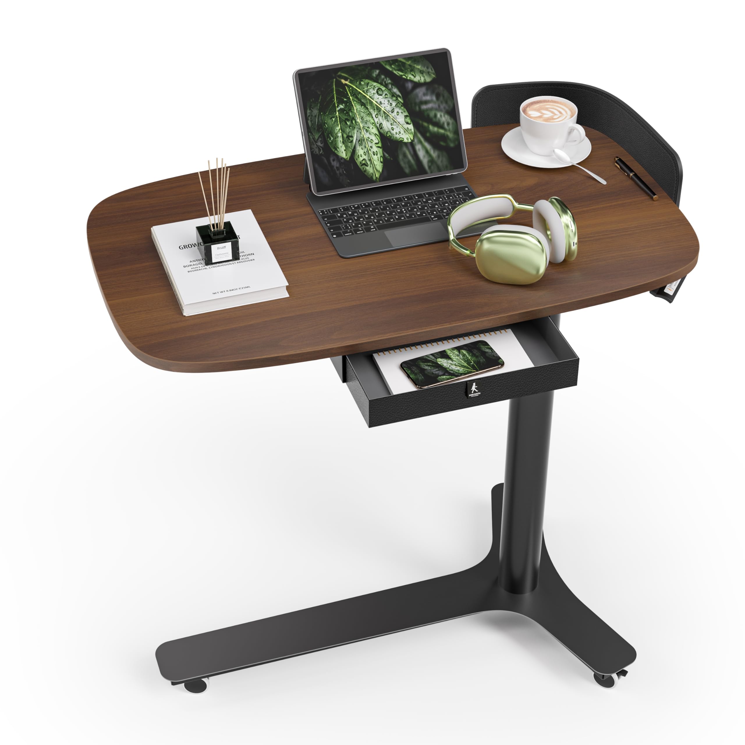 KINGSMITH Height Adjustable Mobile Standing Desk with 360° Swivel Casters, 28"-43" Pneumatic Rolling Desk with Storage Drawer, Perfect for Home Office, Bedroom, Living Room, Dark Walnut