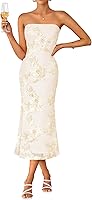 ZESICA Women's Strapless Floral Mesh Midi Dress - Bodycon Tube Dress for Wedding Guest, Cocktail Party, Summer Formal