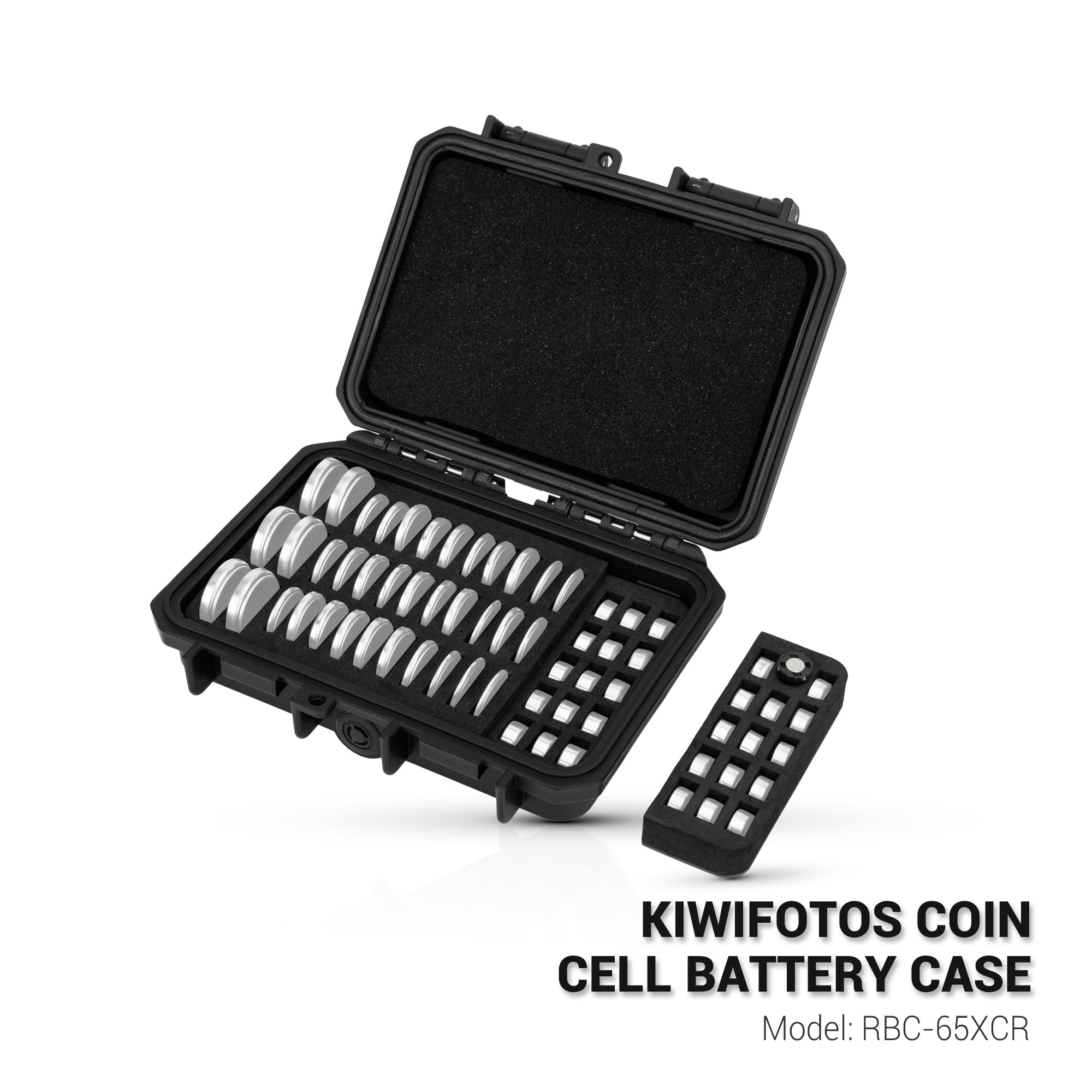 KIWIFOTOS Wasserfeste Knopfzellen-Batterie-Organizer-Hülle, 65 Steckplätze, Batterie-Aufbewahrungsbox für CR2016 CR2025 CR2032 CR2320 CR2325 CR2330 CR2335 CR2354 CR2412 CR2430 CR2450 & LR44 LR41