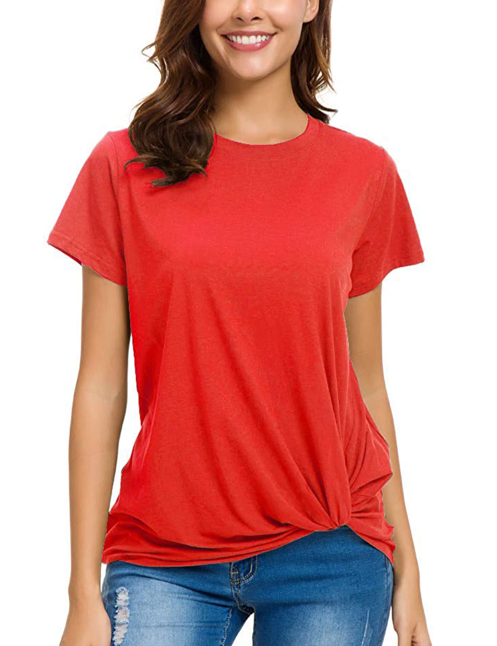 LUSMAY Womens Short Sleeve Loose Twist Knot Front T Shirts Cotton Casual Blouse