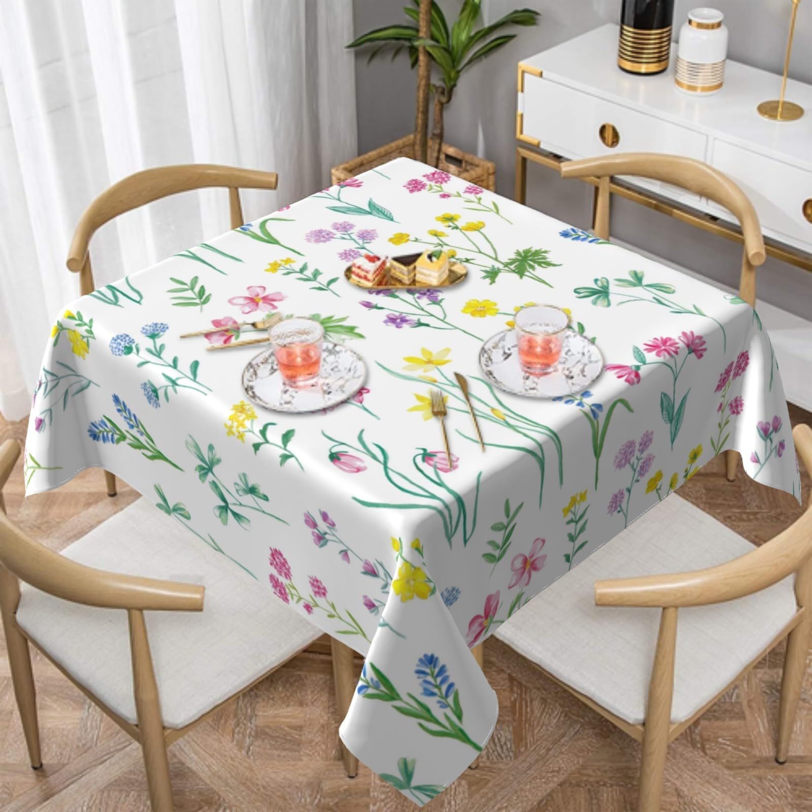 FJQWKLF Spring Tablecloth 54×54 Inch Square Floral Table Cloth Water-Resistant Spill-Proof Washable Fabric Tablecover for Kitchen Dining Party Picnic Indoor Outdoor