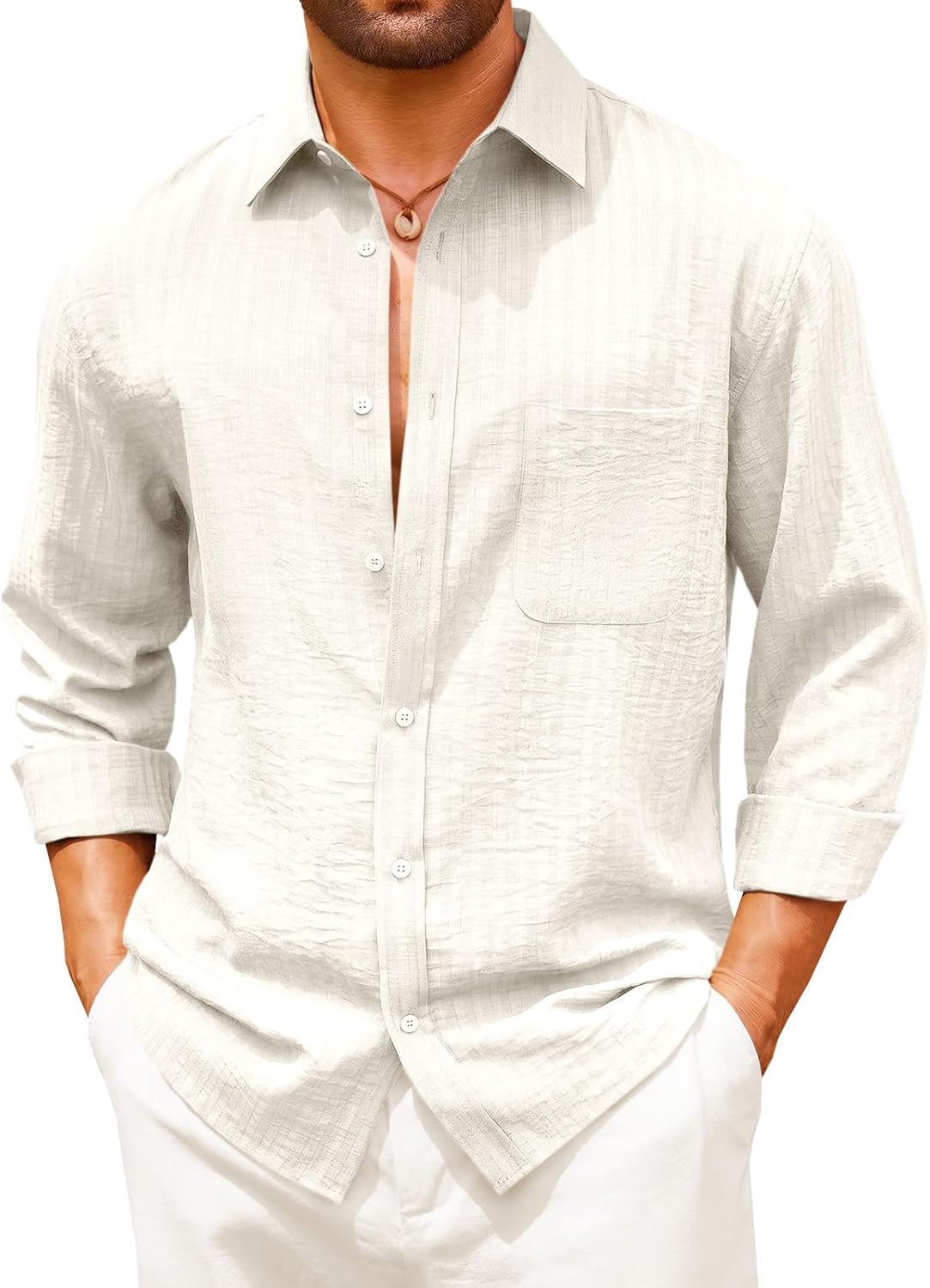 Runcati Mens Button Down Shirts Long Sleeve Casual Textured Shirt Linen Cotton Beach Hippie Tops with Pocket