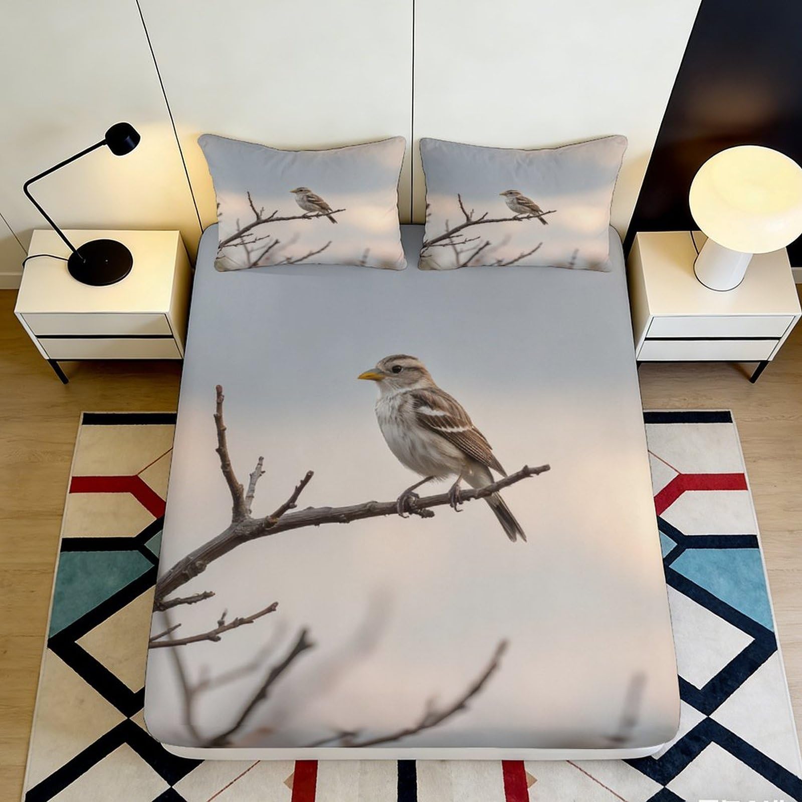 3D Printed Bird on Branch Fitted Sheet Microfiber Soft Breathable Nature Scene Bed Cover for Bedroom Dorm Decor 90x200x25cm
