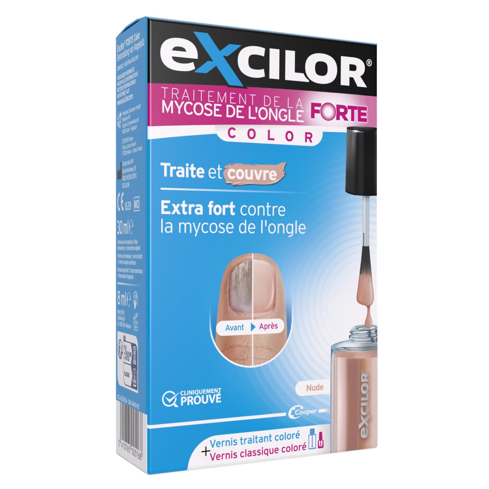 EXCILOR - Forte Color - Traitement de la Mycose De l'Ongle - Traite & Couvre - Traitement 30ml + Vernis à Ongle cosmétique 8ml - Cliniquement Prouvé* - Nude