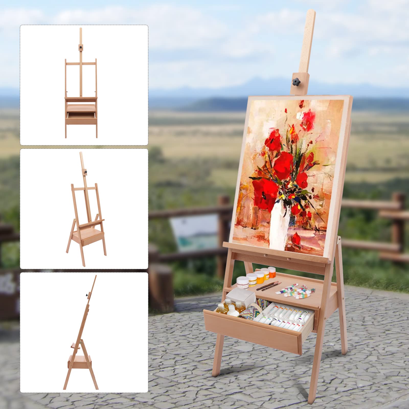 Sztaluga z drewna, duża sztaluga atelierska, sztaluga stojąca, sztaluga drewniana z drewna bukowego, sztaluga malarska, sztaluga polowa, drewniana sztaluga na płótnie