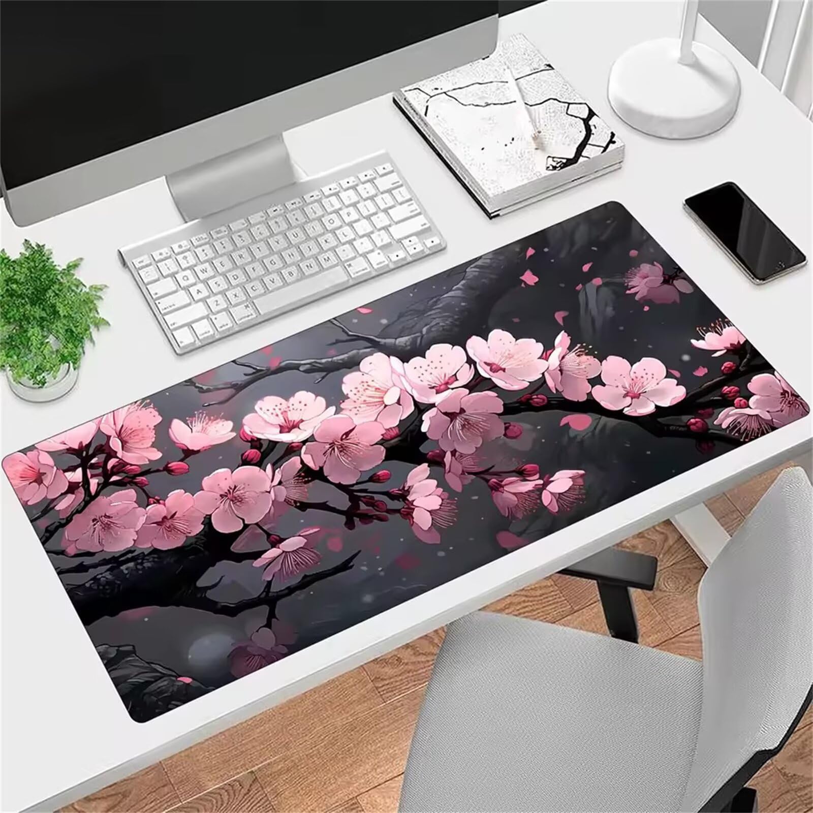 Grand Tapis de Souris de Jeu 900 x 400 x 3mm, Tapis de Souris XXL Fleur Cerisier Rose, Optimisé pour Capteur, Haute Précision et Vitesse avec Bords Cousus pour Bureau et Gaming