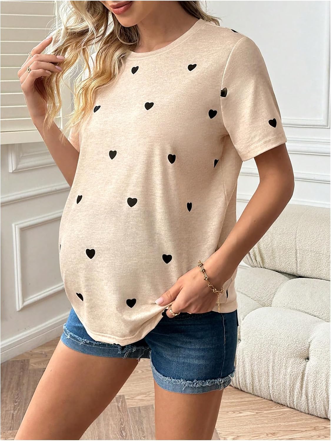 SweatyRocks Maternity's Heart Print Short Sleeve T Shirt Round Neck Casual Regular Fit Knitted Tee
