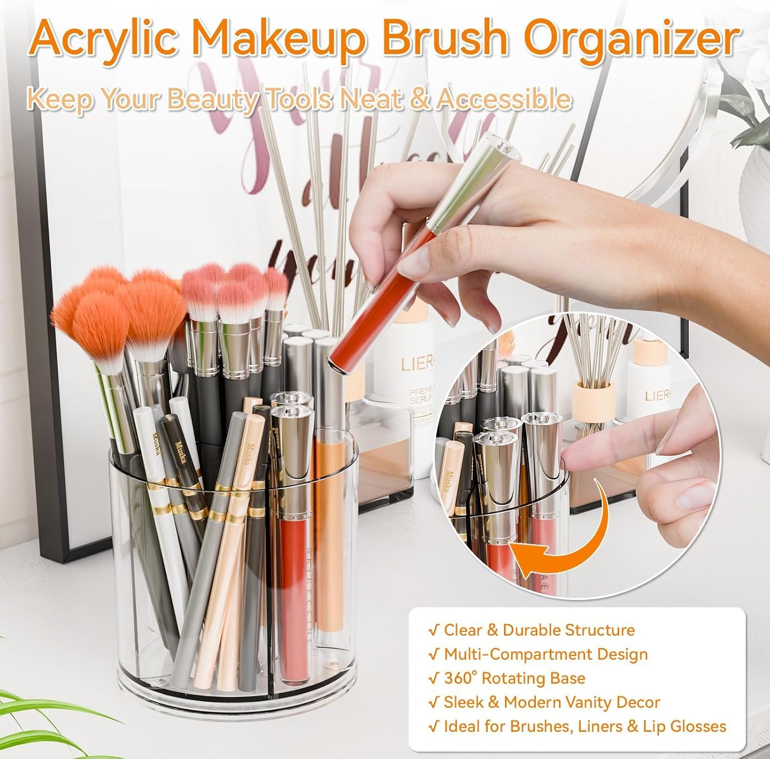 Yieach Rotating Acrylic Makeup Brush Holder for Vanity,Bathroom Countertop,Round Makeup Brushes Organizer,Spinning Cosmetic Brushes Holder,Make up Brush Storage and Office Desk Pen or Pencil Cup,Clear