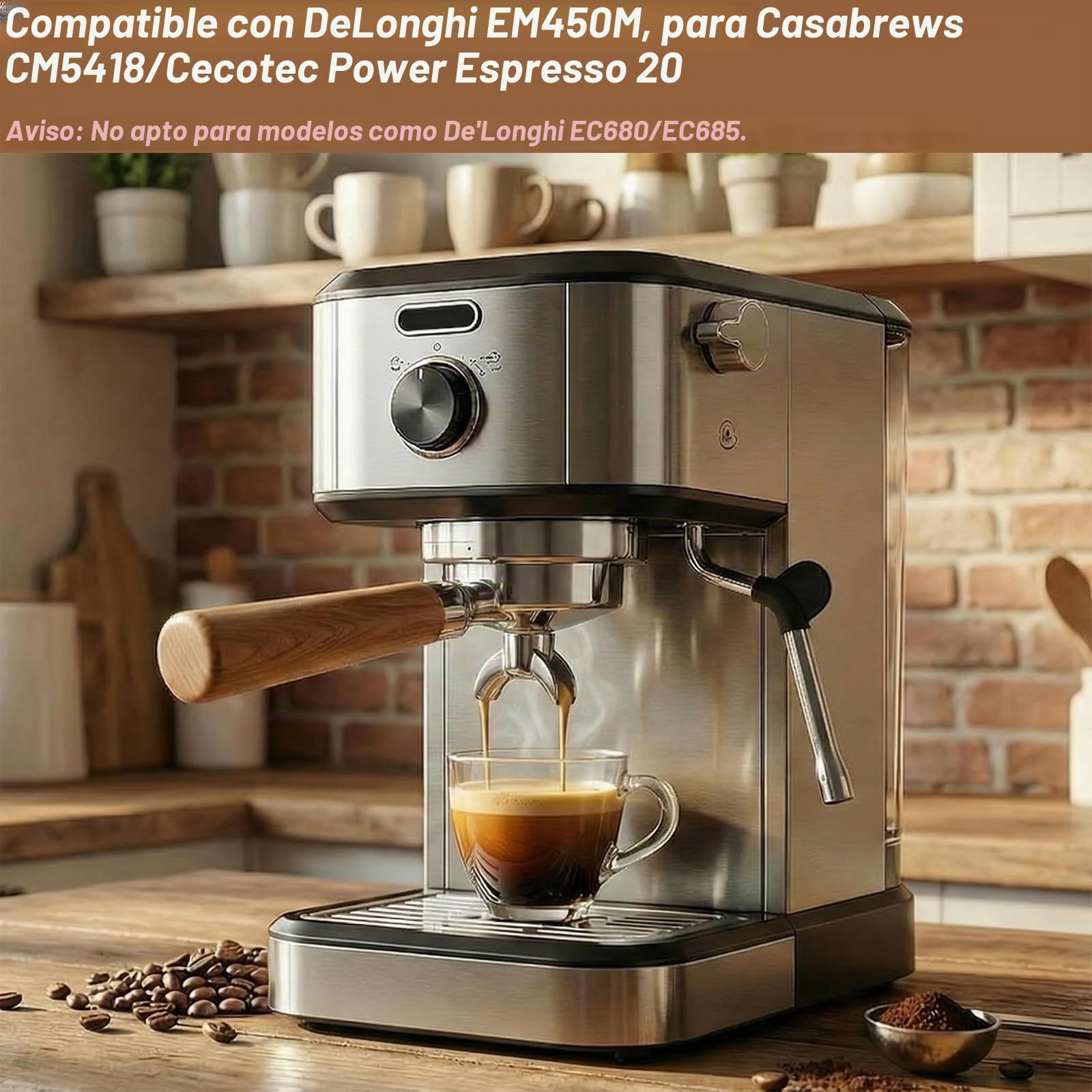 Portafiltro de 51 mm para cafetera DeLonghi EM450M, 3 orejas 4mm de espesor, Para Casabrews CM5418/Cecotec Power Espresso 20, soporte de filtro de acero inoxidable con mango de madera premium