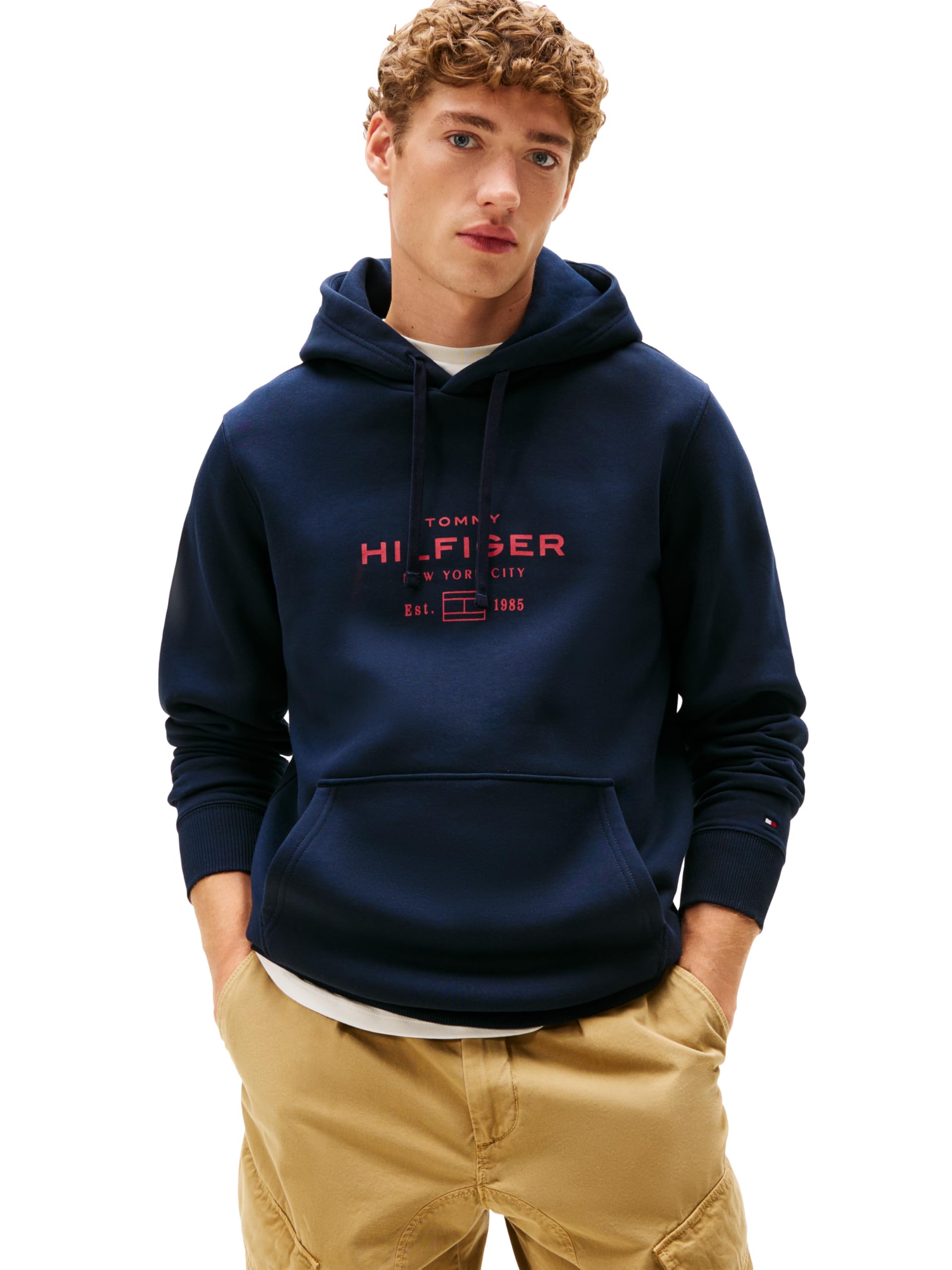 Tommy Hilfiger Men's Medium Weight Hoodie with Signature Printed Graphic Logo, Desert Sky, XXL