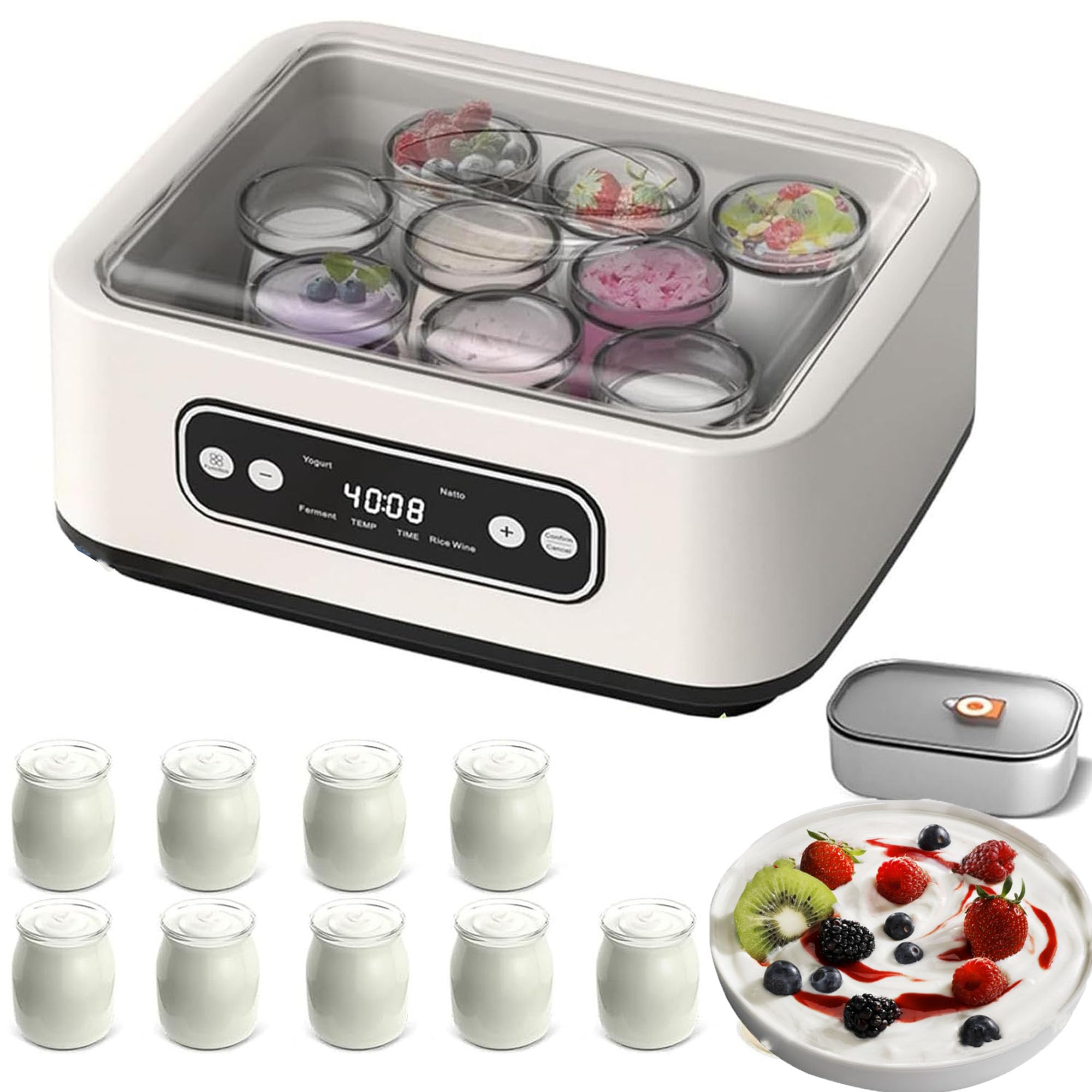 Wielofunkcyjna elektryczna maszyna do jogurtu, Ultimate Yogurt Maker, automatyczna maszyna do jogurtu 1600 ml z 9 szklanymi słoikami, do jogurtu organicznego, Natto Maker, prezent zdrowotny