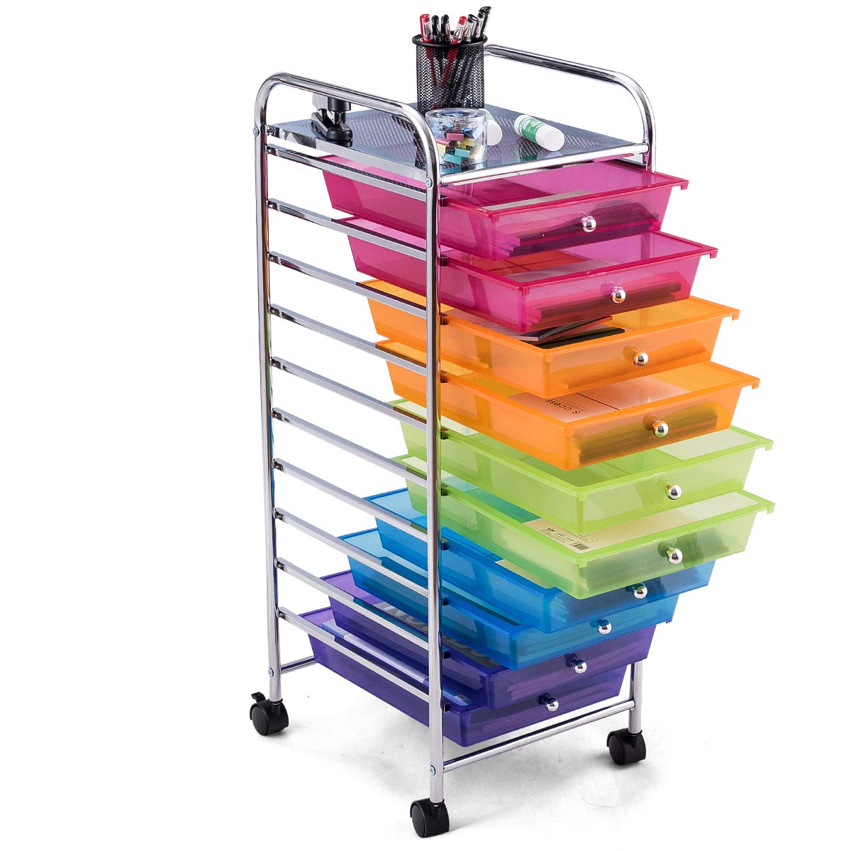 DREAMADE Chariot de Rangement,Desserte à Roulettes,Tour de Rangement en Métal avec 10 Tiroirs,1 Tablette,4 Roues et 2 Freins pour Salon,Chambre,Bureau,Dortoir 32,5 x 37 x 86CM (Coloré)