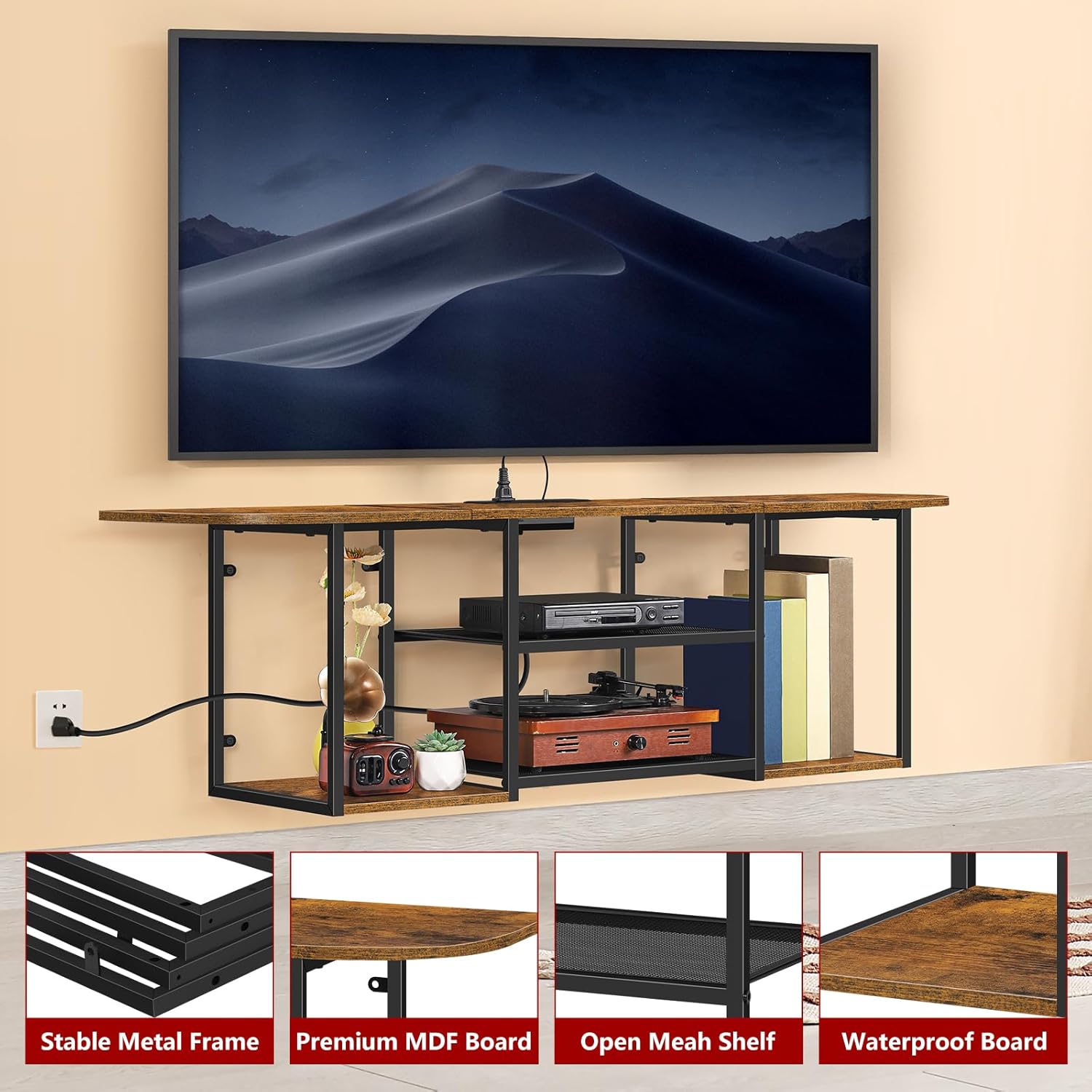 Floating TV Stand with Power Outlet for 50 60 Inches TV,Wall Mounted Media Console with Open Storage Shelves，Modern Entertainment Center for Living Room,Bedroom(Brown)