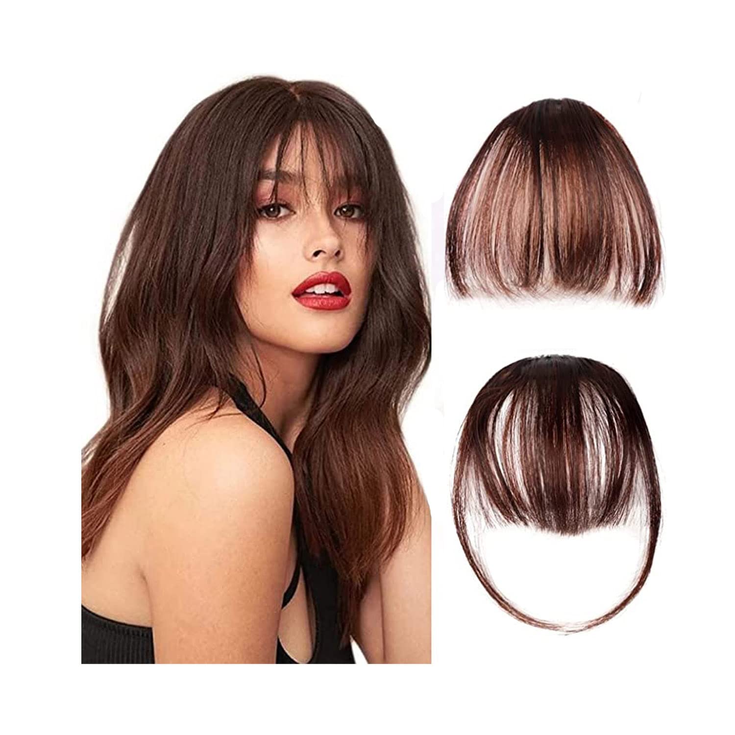 Hugewth (2pcs) Clip in Bangs Hair Front Fringe Human Hair Extensions Reddish Brown Clip with Nice Net Natural Flat Neat Bangs with Temples for women Hairpiece,Air Bangs (Dark brown)