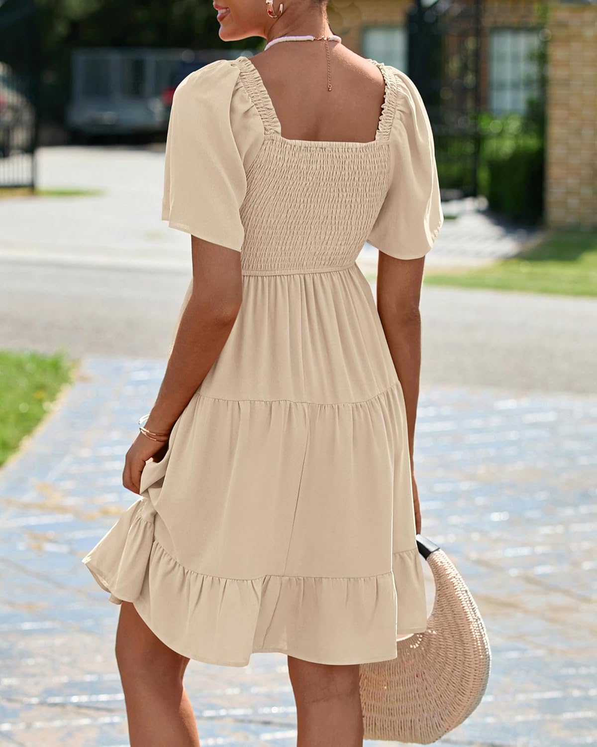 BTFBM Womens Summer Smocked Mini Dress Spring Square Neck Flutter Sleeve Casual Ruffle Swing Boho Beach Dresses Pockets - Image 3