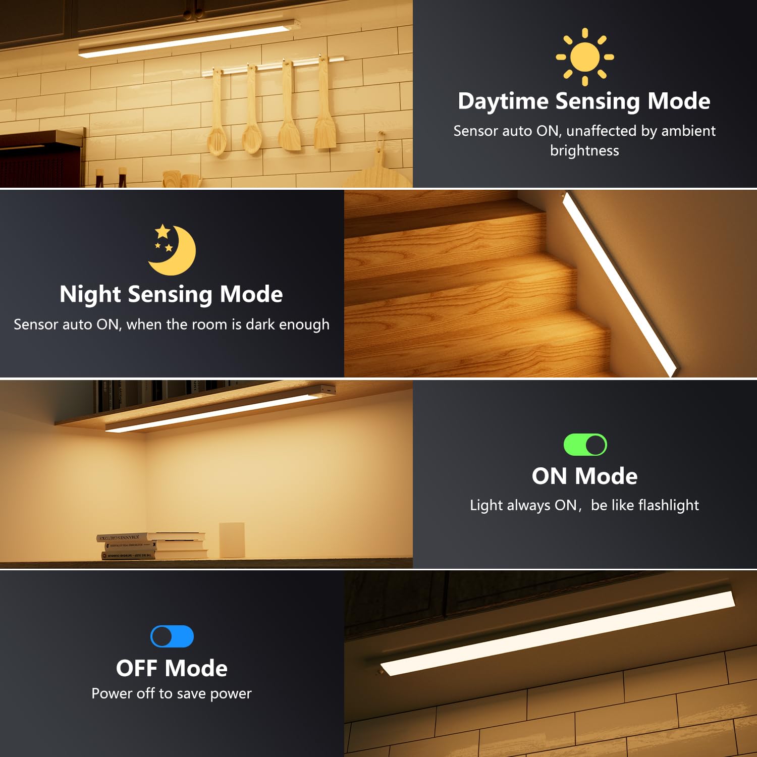 OUILA Luz LED para debajo de los armarios de cocina, 2 unidades de 60 cm, luz LED con sensor, 3000 K-6500 K regulable, 5000 mAh, 156 LED, luces LED con sensor para cocina, armario, escaleras, pasillo,