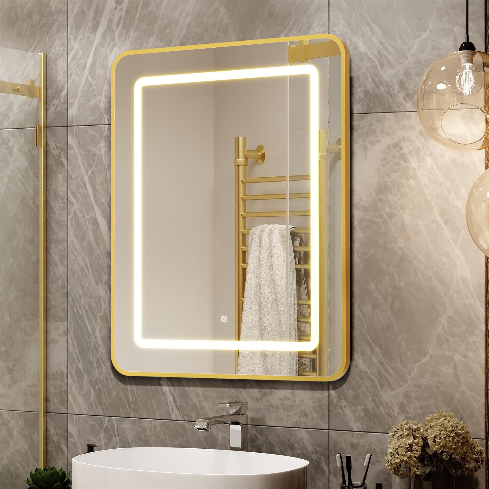 APRILSOUL 20X30 Inch Gold Bathroom Medicine Cabinet with Mirror, Recessed or Surface Lighted Medicine Cabinet with 3 Colors Temperature, Dimmable Light