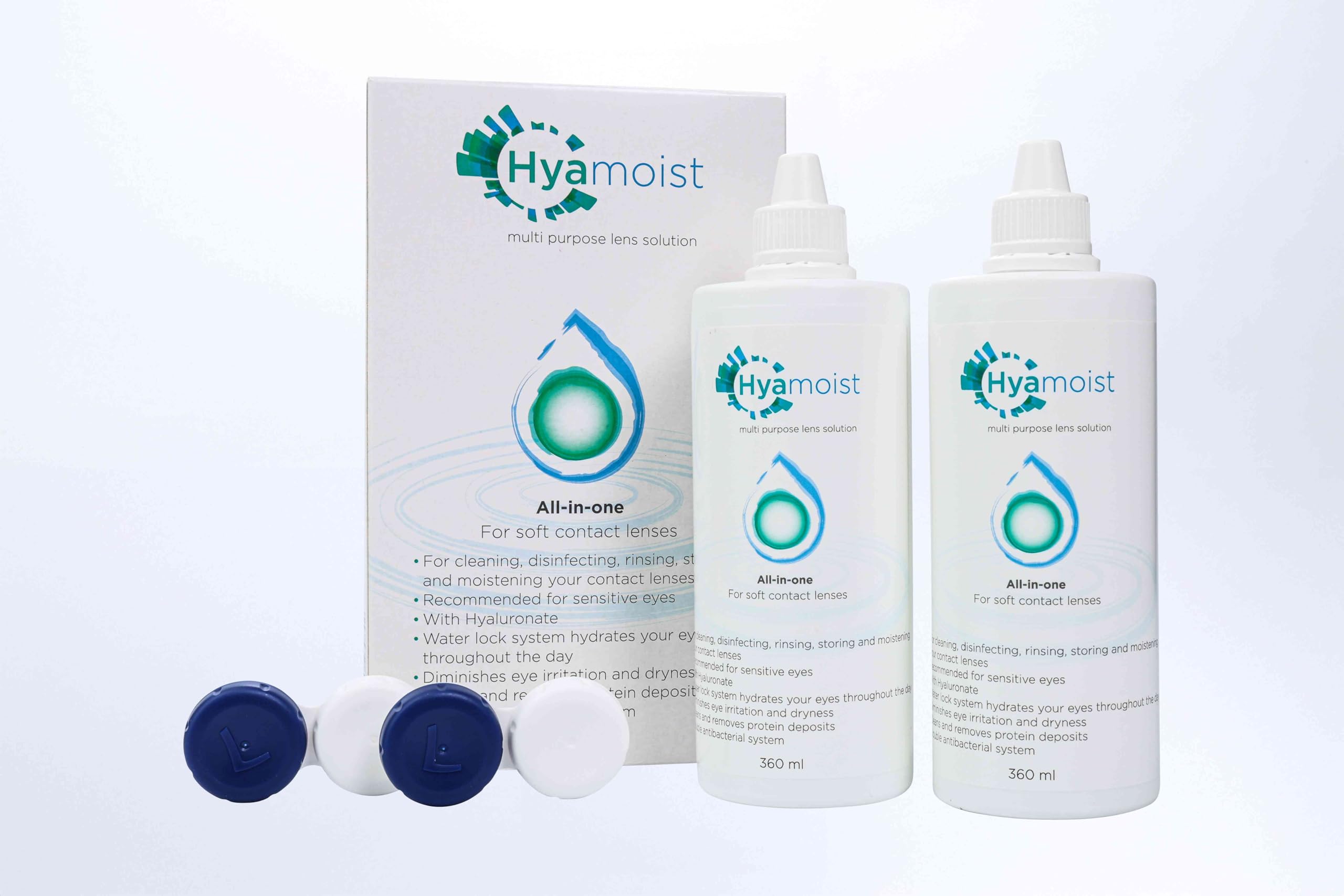 Multi-Purpose Contact Lens Solution 2×360 ml – All-in-one Soft Lens Cleaner, Disinfectant & Rinse with Sodium Hyaluronate + Lens Cases – 3-Month Supply