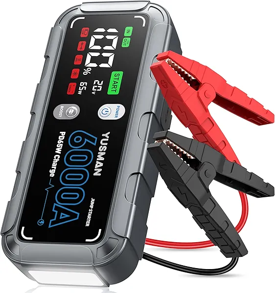 6000A Car Battery Jump Starter, 65W Quick Charger, 26800mAh Jump Starter Battery Pack(All Gas/12L Diesel) with Booster, 12V Portable Jump Starter with Jumper Cables, 4-Mode Lights