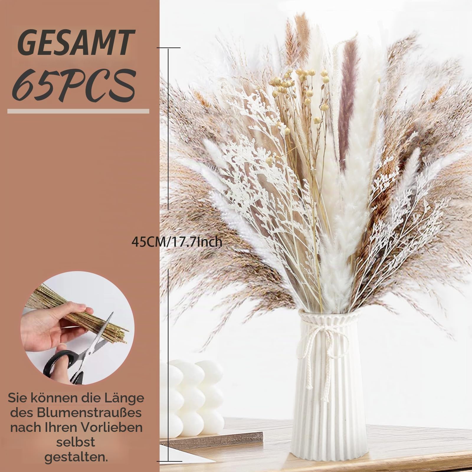 Pampasgras Getrocknet - Natürliche Trockenblumen Deko, Flauschige Getrocknete Blumen Dried Flowers, Trockenblumenstrauß für Hochzeit Tisch Wohnzimmer Vasen Boho Home Dekor