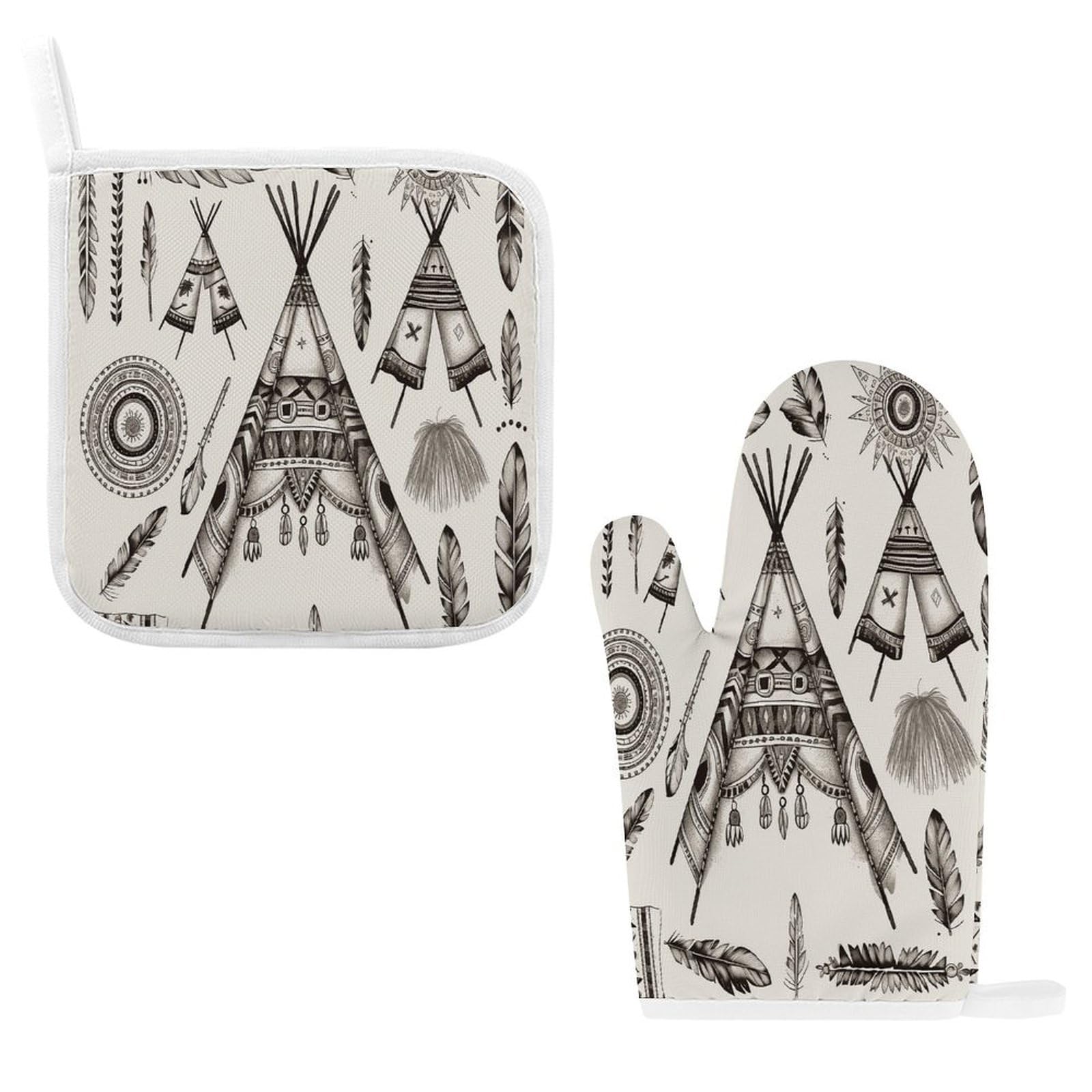 Fodpand Style Feather Head Band Teepee Tent Oven Mitts And Pot Holders Sets