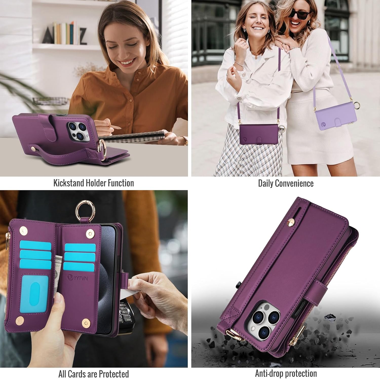 for iPhone 15 Pro Max Case Wallet with RFID Blocking Card Holder and Shoulder Strap Wrist Strap, Multi-Function Stylish Ring Zipper Purse Case for iPhone 15 Pro Max 6.7'', Deep Purple