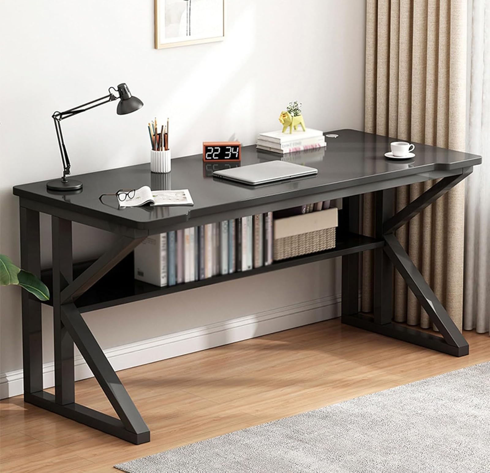 SXZenSpace Executive Desk with Bookshelf, Computer Desk, Home Office Metal Frame Workstation, Study Suitable for Home, A,80CM