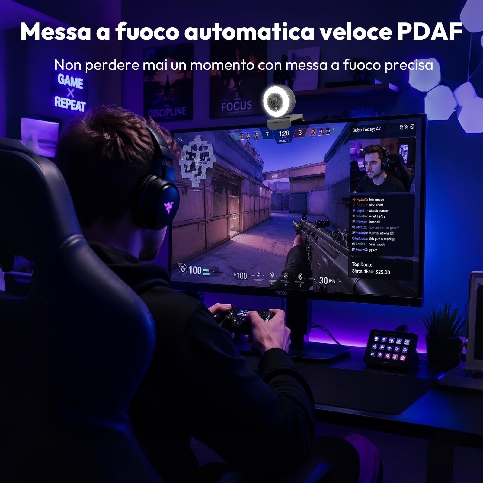 Angetube Webcam 4K con Luce per PC: Luminosità a 3 Livelli, Messa a Fuoco PDAF, Doppio Microfono Noise Cancelling, Copertura Privacy, Streaming 1080P/60FPS, USB-A/C per Laptop/Mac/Teams