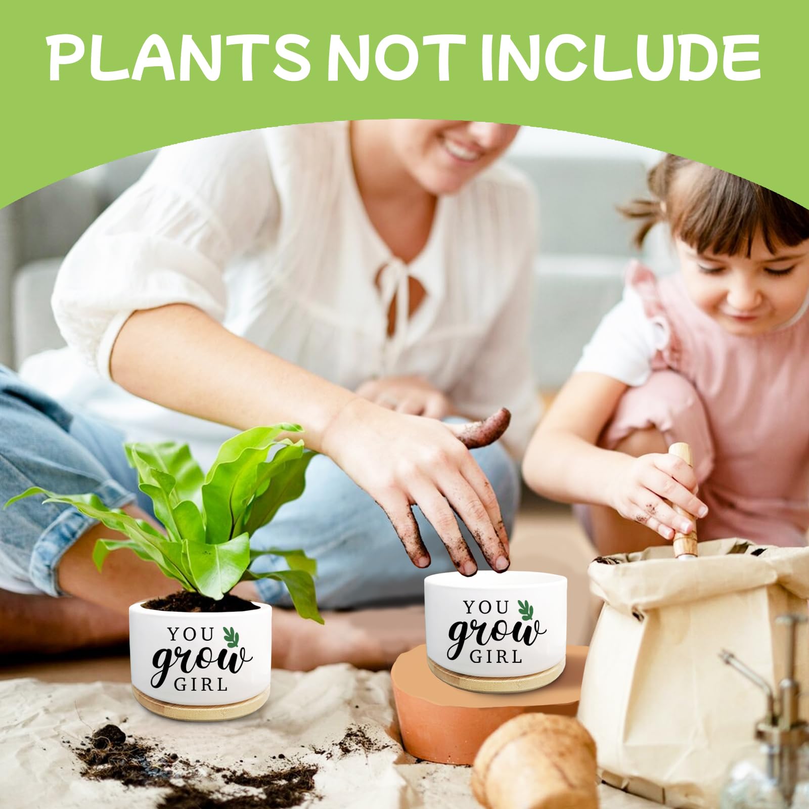 You Grow Girl - Macetas para suculentas con bandeja de bambú, maceta de interior para hija, hermana, mujeres, amigas, compañeros de trabajo de trabajo, regalo de inauguración de la casa