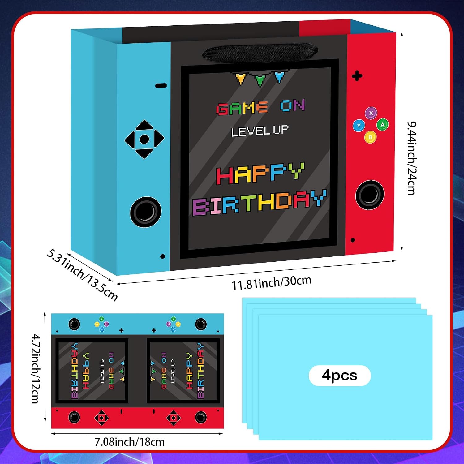Hooqict Large Video Game Birthday Gift Bag Happy Birthday Gift Wrapping Bag with Handles, Tissue Paper and Greeting Cards for Kids Boys Men Gamer Themed Party Supplies