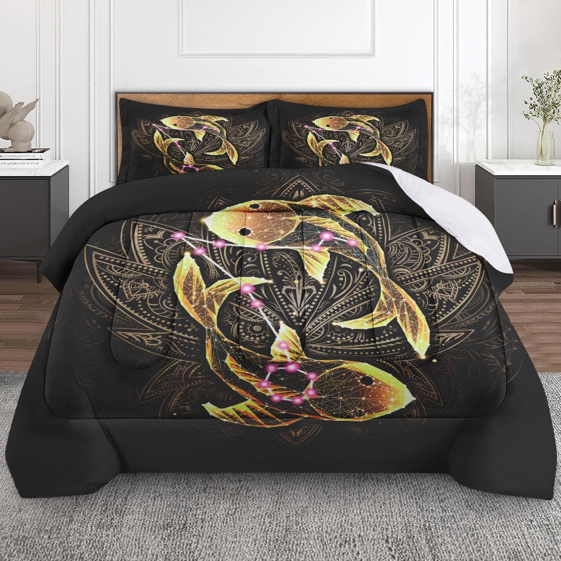 Black Gold Zodiac Fish Comforter Set for Kids Toddlers Teens Adults Queen, Lotus Neon Golden Bedding Sets Water Washed Microfiber Bedding with 1 Comforter 2 Pillowcase All Season