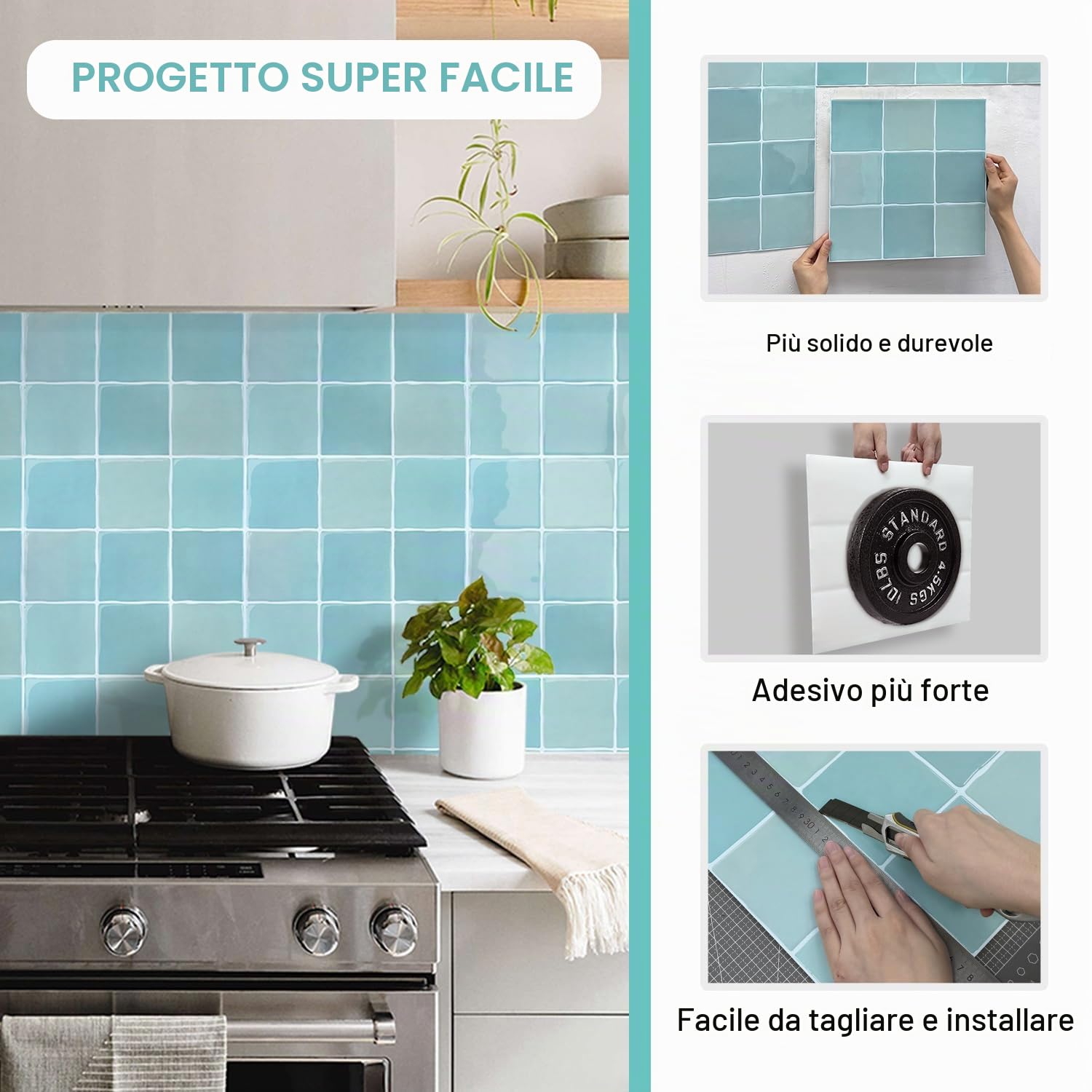 Commomy Più Spessi Paraschizzi Cucina Adesivo, 10 pezzi, 30,5 x 30,5 cm | Verde Blu Piastrelle Mattonelle Adesive Bagno Vinile 3D Metro, Adesivi per Piastrelle Cucina Impermeabili