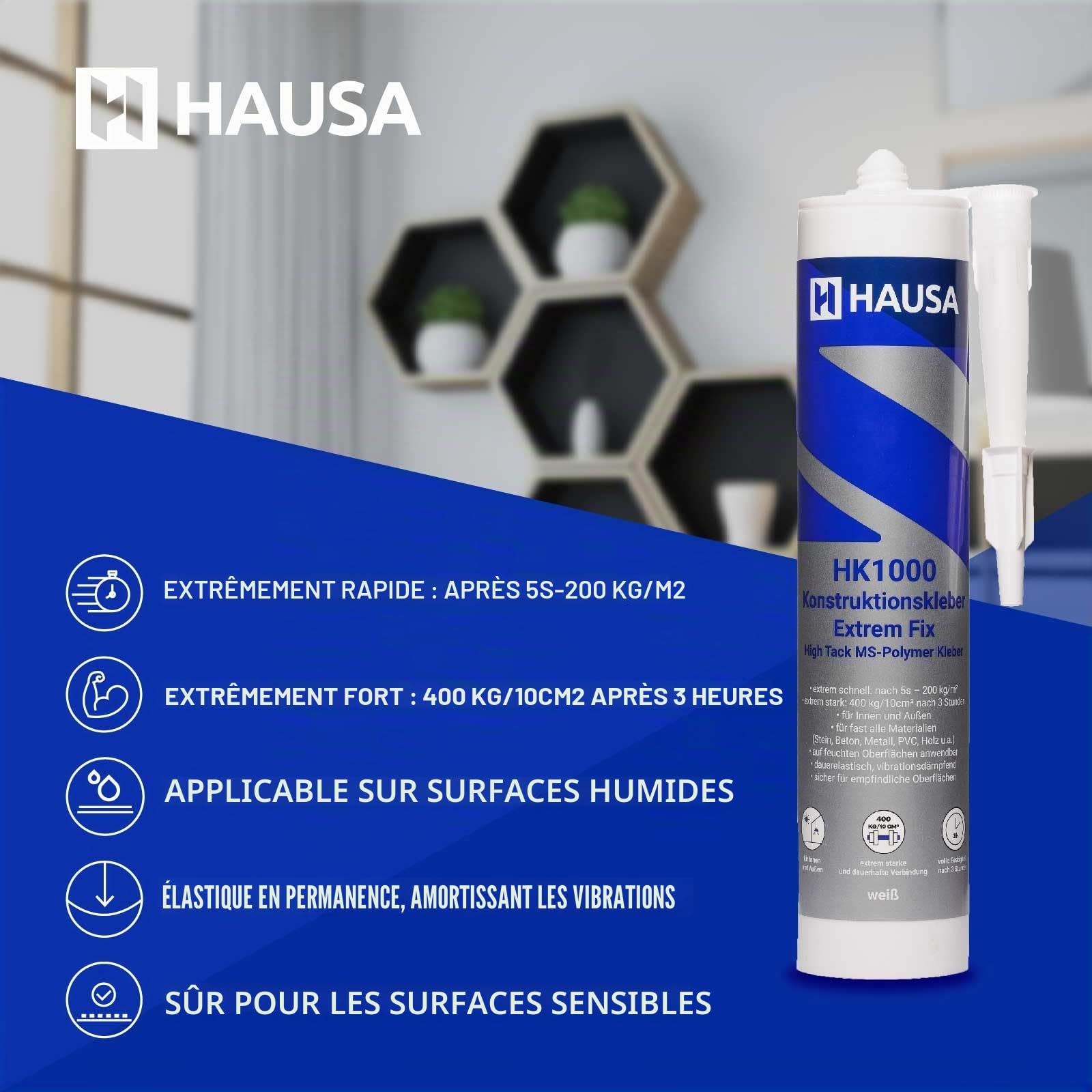 HAUSA Colle de Construction Polymère MS Haute Tack HK1000 avec Presse à Cartouche Colle de Montage 400kg/10cm² après 3h pour Construction Intérieure et Extérieure Colle Tout Usage 1x 290ml Blanc