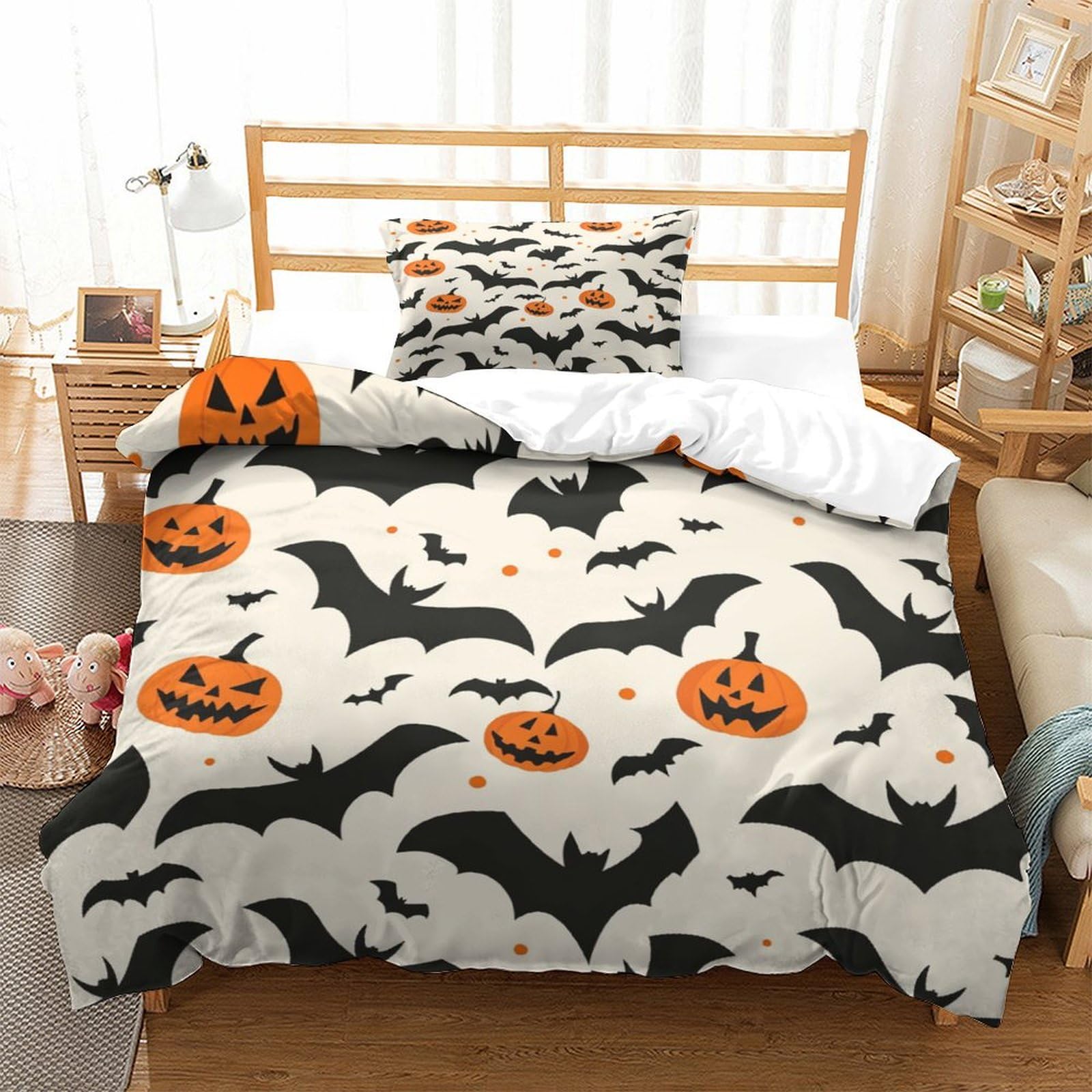 P1S9U7W5Y 3D Printed Pumpkin Bat Microfiber Duvet Cover Set 3pcs Halloween Bedding Set Single