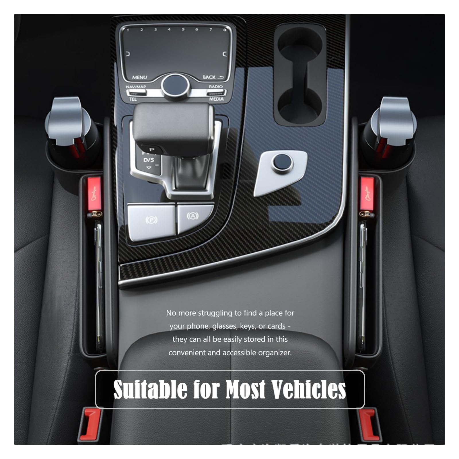 Car Leather Cup Holder Gap Bag, Black Automotive Seat Gap Storage Box Between Seats Gap Leather, Car Seat Pocket Gap Filler Organizer with Cup Holder for Phones, Glasses, Keys and Cards, Universal Fit