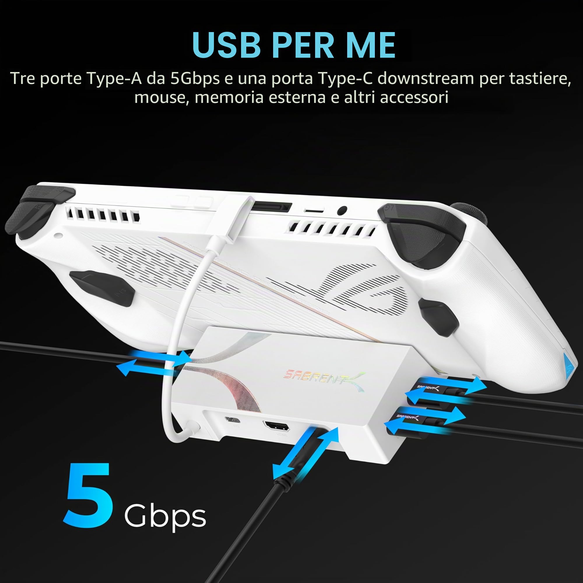 SABRENT Docking Station per Asus ROG Ally, 6 porte USB Type-C, HDMI 4K@60Hz, porte USB 5Gbps, Power Delivery, design compatto per giochi (DS-RA6P)