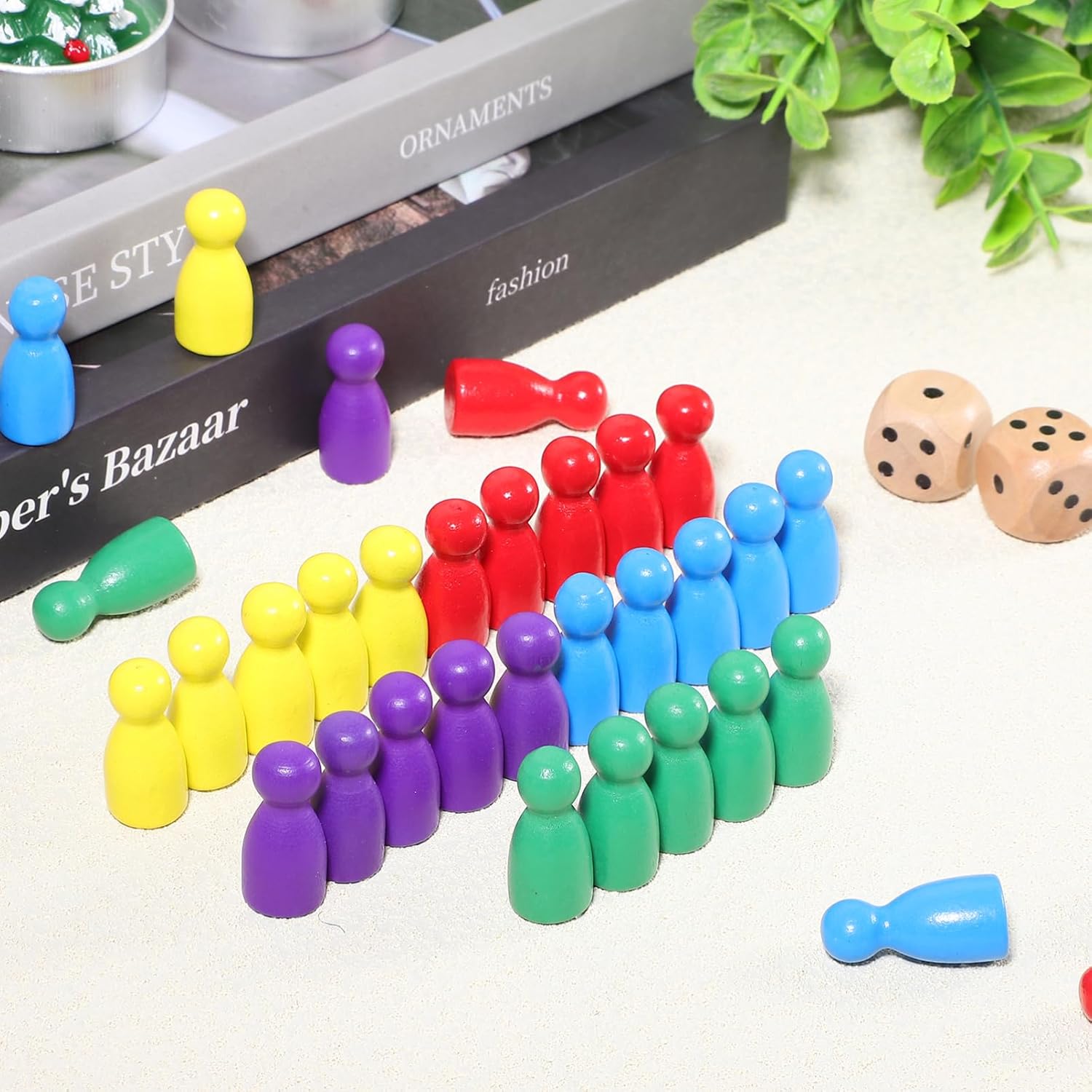 50Pcs Board Game Pieces and Dices, Multicolor Wooden Pawns for Board Games, Checkers and Ludo Table Marking Tokens Accessories, 10 Pieces of Each Color with 2 Dices