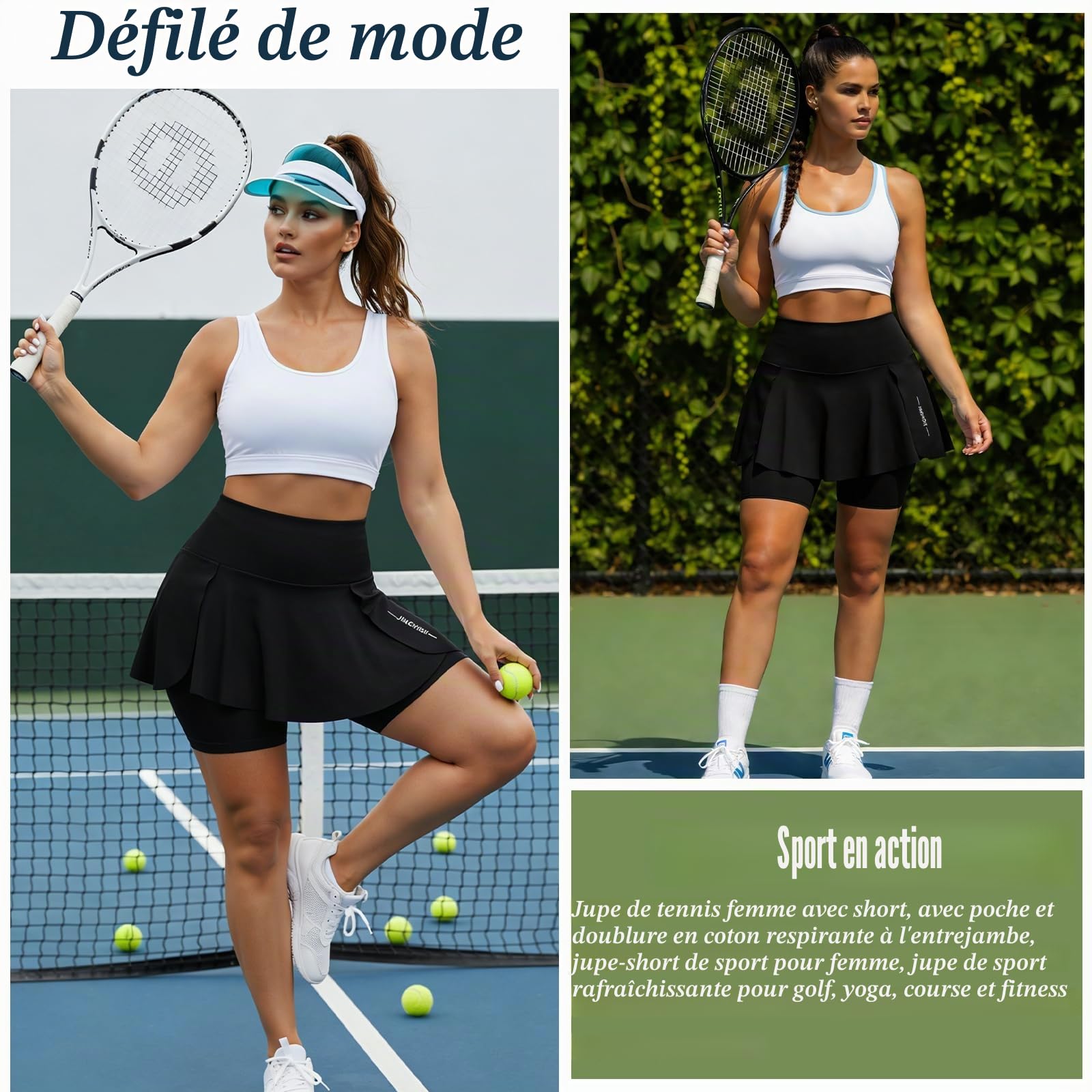 Jupe de tennis pour femme avec pantalon, avec poche et doublure en coton respirant à l'entrejambe, short de sport rafraîchissant pour le golf, le yoga, la course et le fitness