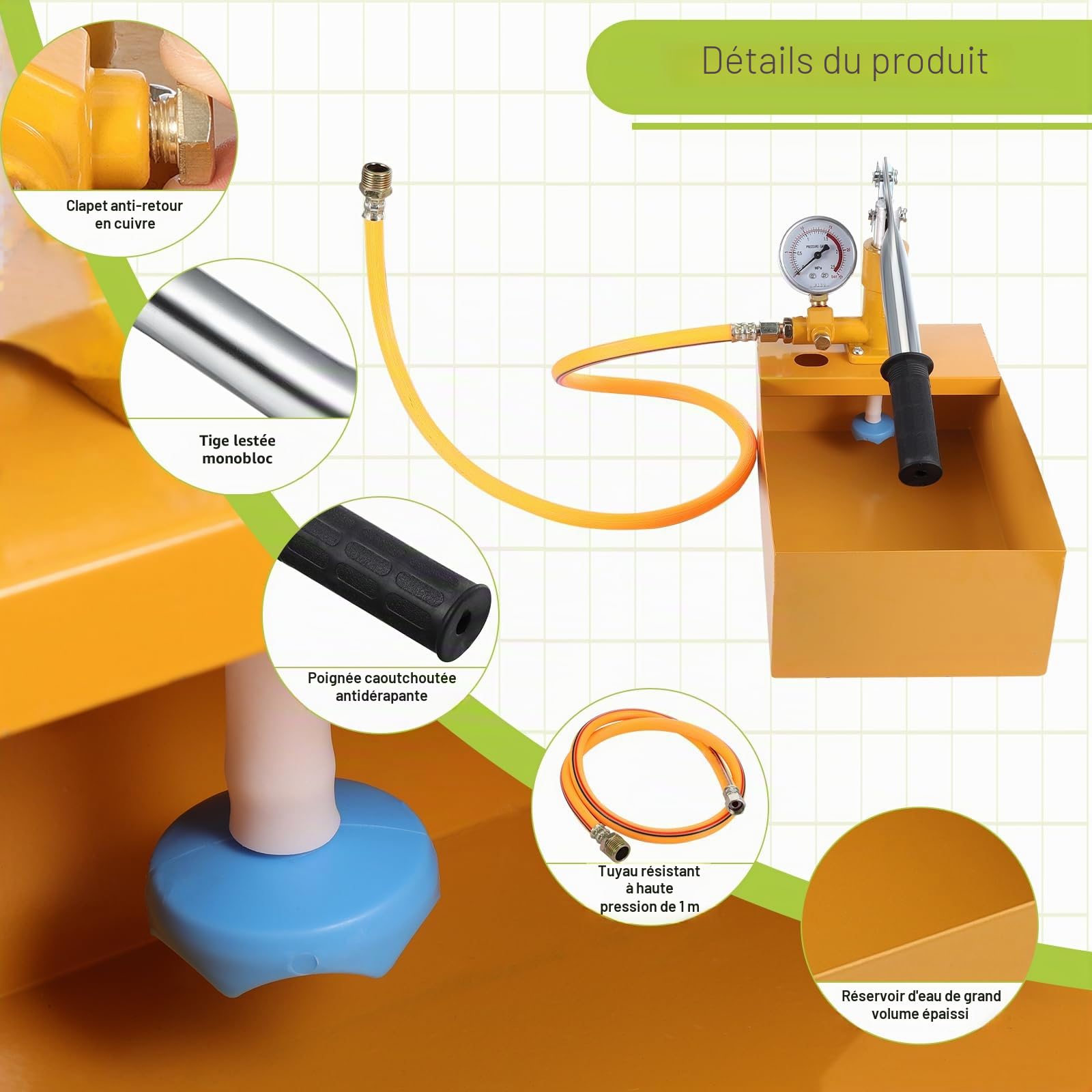 Gueenky Pompe d'épreuve Manuelle 6 L, 25Bar Pompe d'Essai de Pression avec Tuyau Haute Pression 1/2" Pompe de Test en Fonte d'Aluminium pour Contrôle d'Etanchéité de l'Eau des Tuyaux de Chauffage