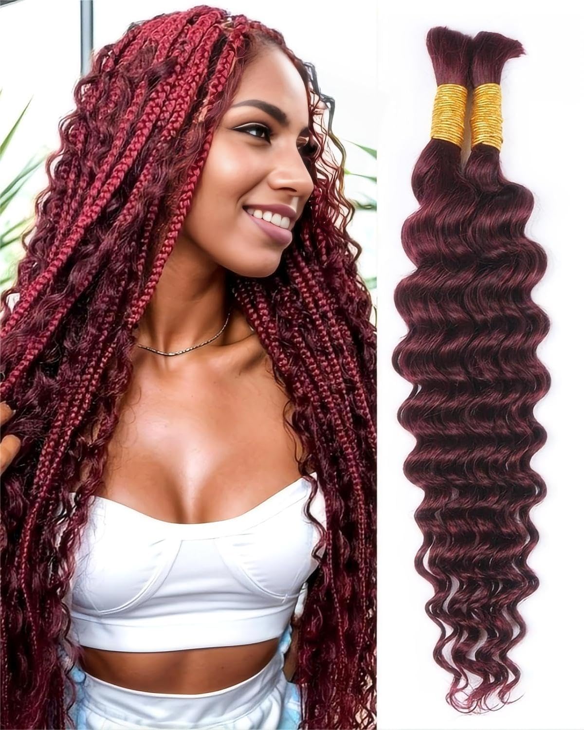 Sexycat Deep Curly Human Braiding Hair for Boho Braids 2 Bundles 18 Inch 100g，#99J Burgundy Water Wave Bulk Human Hair for Micro Braiding Wet and Wavy Bundles Hair Extensions