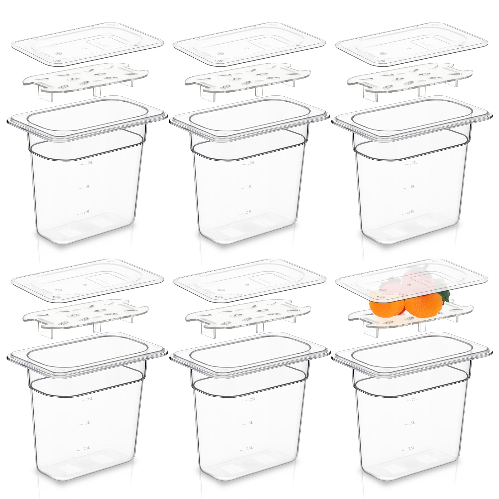 Sunnyray Juego de 6 sartenes de policarbonato de tamaño 1/9 con tapas y estante de drenaje, recipientes cuadrados profundos para almacenamiento de alimentos para cocina, restaurante, frutas y verduras