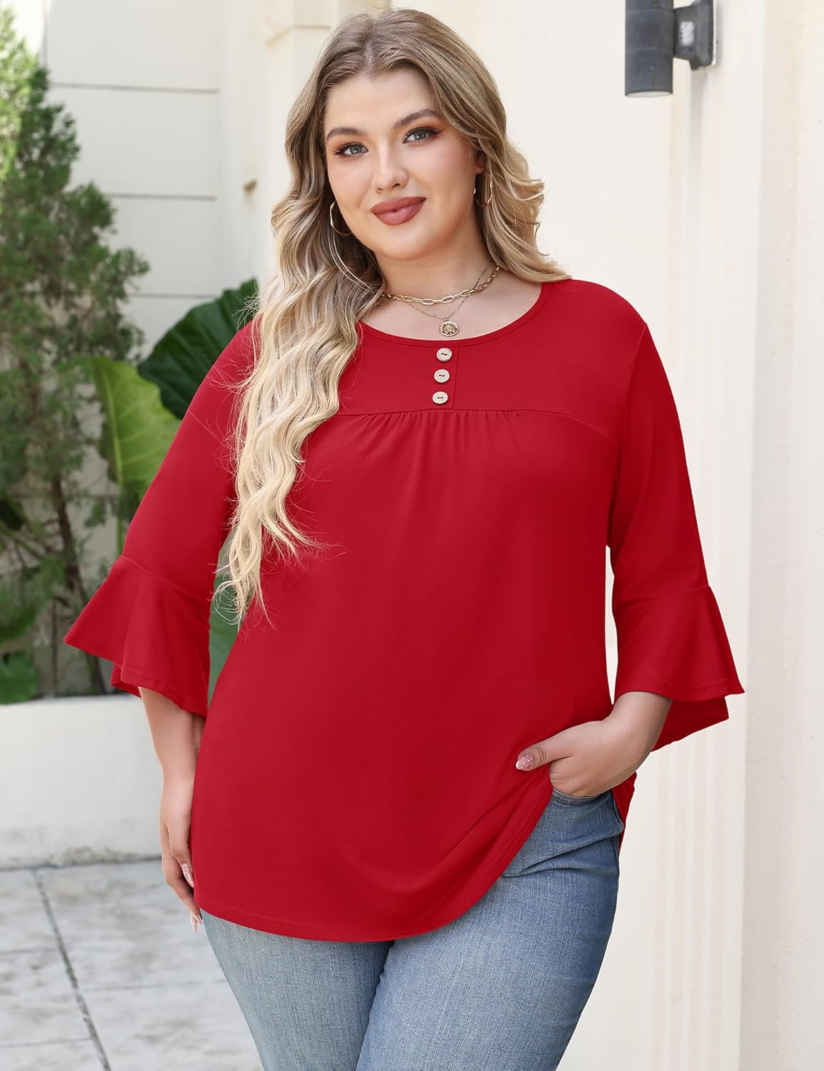 Rapbin Plus Size Tops for Women 3/4 Ruffle Sleeve Crew Neck Button Down Pleated Blouses Casual Fashion Tunic (1X-5X) - Image 5
