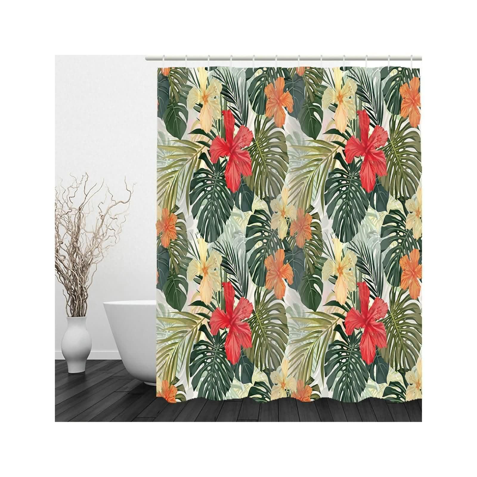Cortina de ducha textil de tela roja y verde, diseño de hojas de flores, resistente al agua, antimoho, cortina de baño de poliéster, cortinas de tela lavable, cortina de baño, incluye anillas