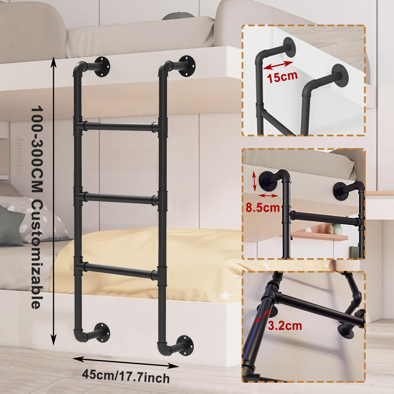 Escalera de hierro forjado de hierro forjado montada en la pared para el ático de la ventana, con diseño antideslizante para el hogar, loft, escalera de escape de incendios, 100 300 cm (175 cm)
