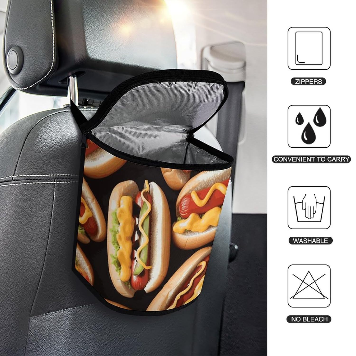 Hanging Car Trash Bag Fun Food Hot Dogs Printed Car Garbage Storage Bag Leakproof Car Trash Can Portable Garbage Storage Bags