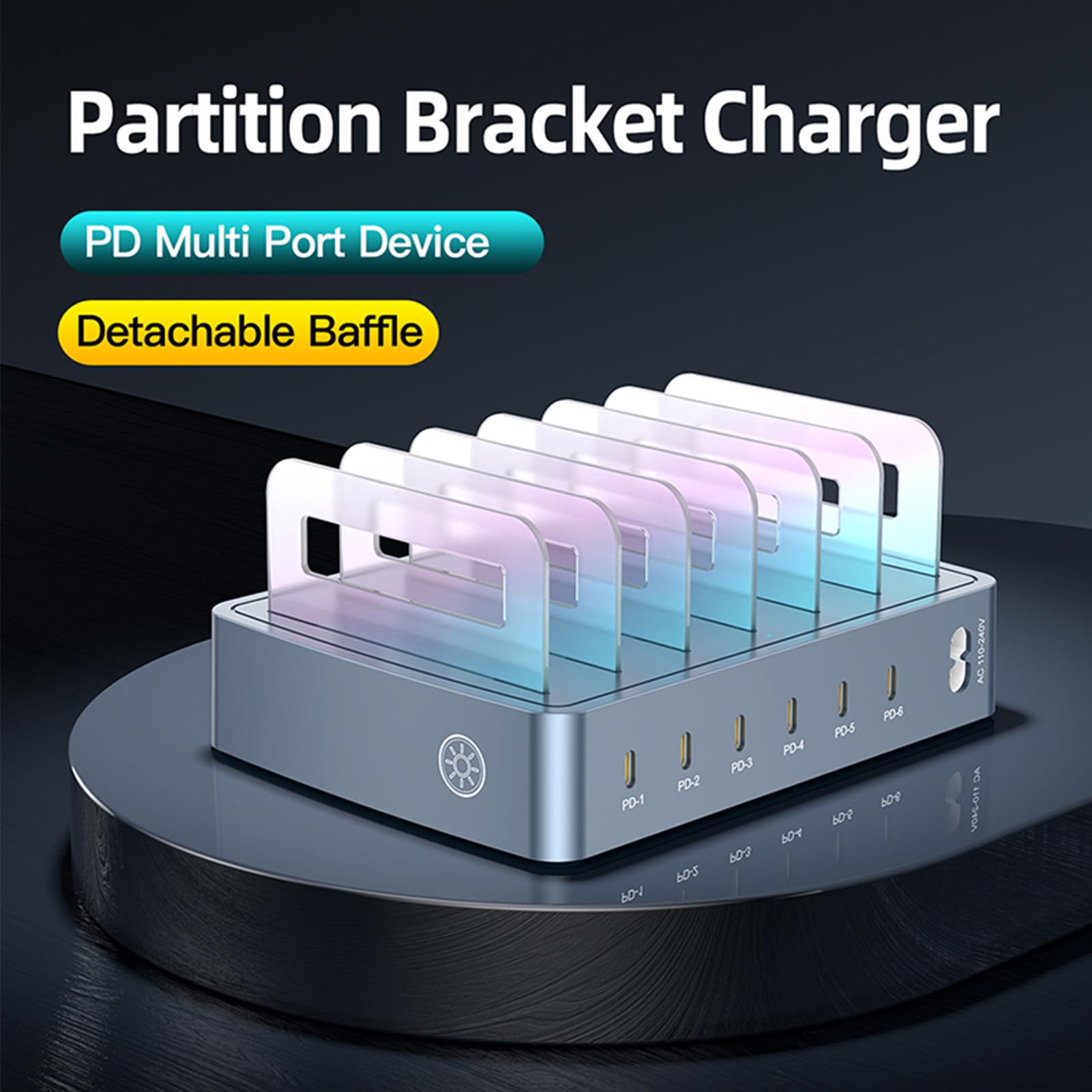 Jectse 120W Szybkie ładowanie 6 Port USB C Blok ładowarki, Multi Device USB Stacja ładująca, ładowarka Komputerowa na Karty, RGB Oddychanie, dla Telefonów Komórkowych i tabletów. (wtyczka UE)