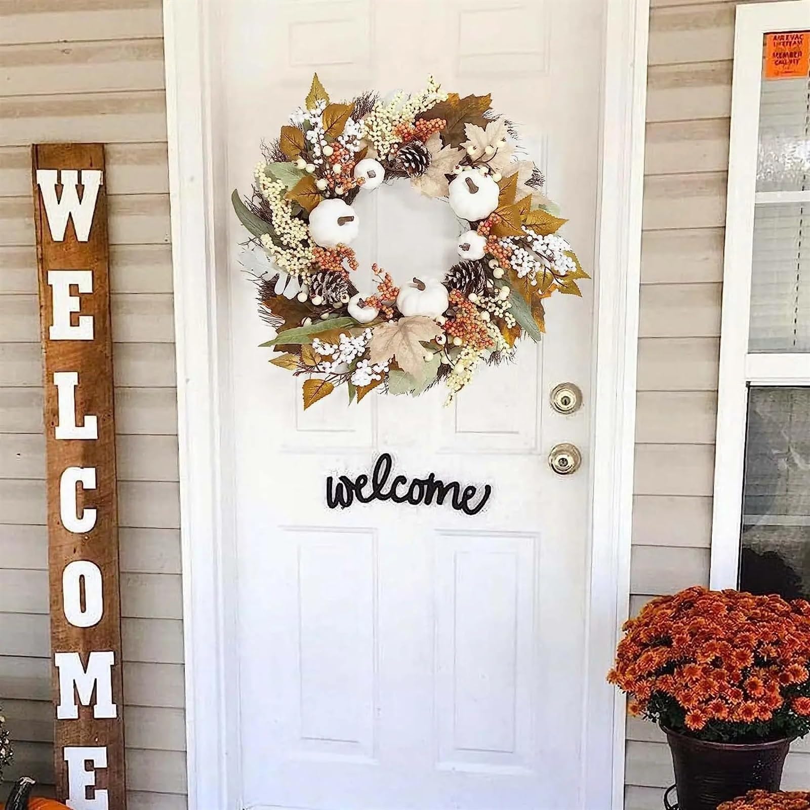 Herbstkranz Herbst Weißer Kürbis Kranz Thanksgiving Dekoration Ahornblatt for Haustür Hängen Indoor Outdoor Wand Wohnkultur(B,50CM)