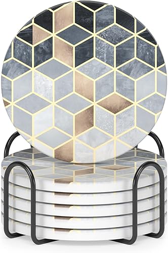 Miniatura 13 de Nipichsha Posavasos para bebidas, juego de 6 lindos posavasos absorbentes de cerámica para taza con soporte y base de corcho, decoración